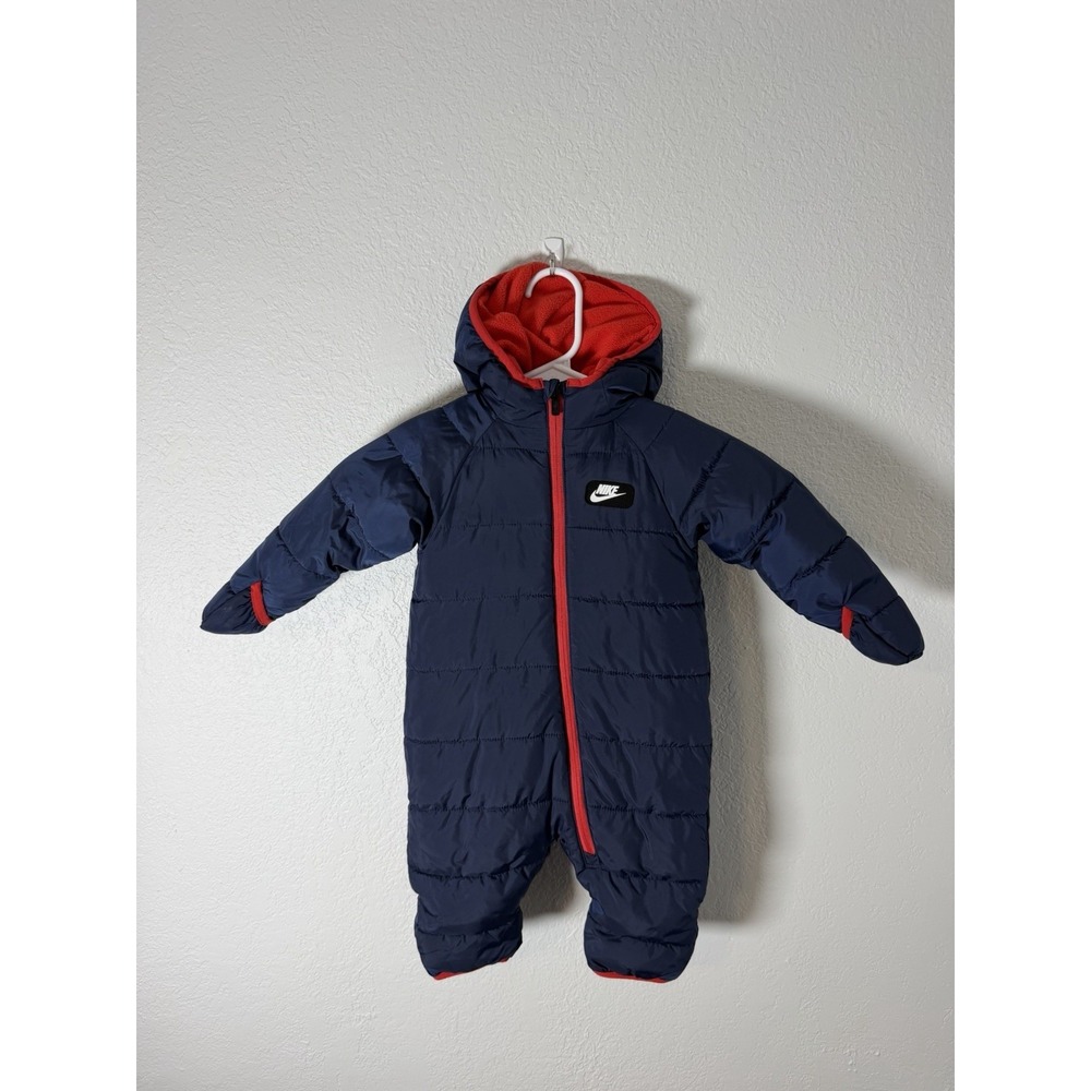 Nike Baby Puffer Snowsuit Navy Blue Red Fleece Lined Bunting 9M